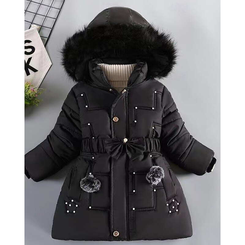 Kids Girls' Down Coat Solid Color Streetwear Fur Trim Zipper Pocket School Coat Outerwear 4-12 Years Winter Black Wine Navy Blue3