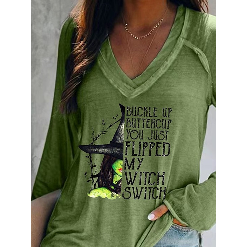 Halloween Women's T shirt Witch Graphic Letter Vintage Stylish Classic Long Sleeve V Neck Regular Tops Daily Print Red Dusty Blue Green Gray Spring Fall2
