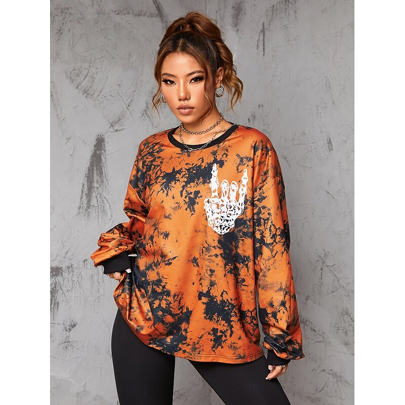 Punk & Gothic Sweatshirt Pumpkin Oversized Tie Dye Print Skeleton Hand Fancy Dress Women's Halloween Carnival Party Casual Adults Shirt3