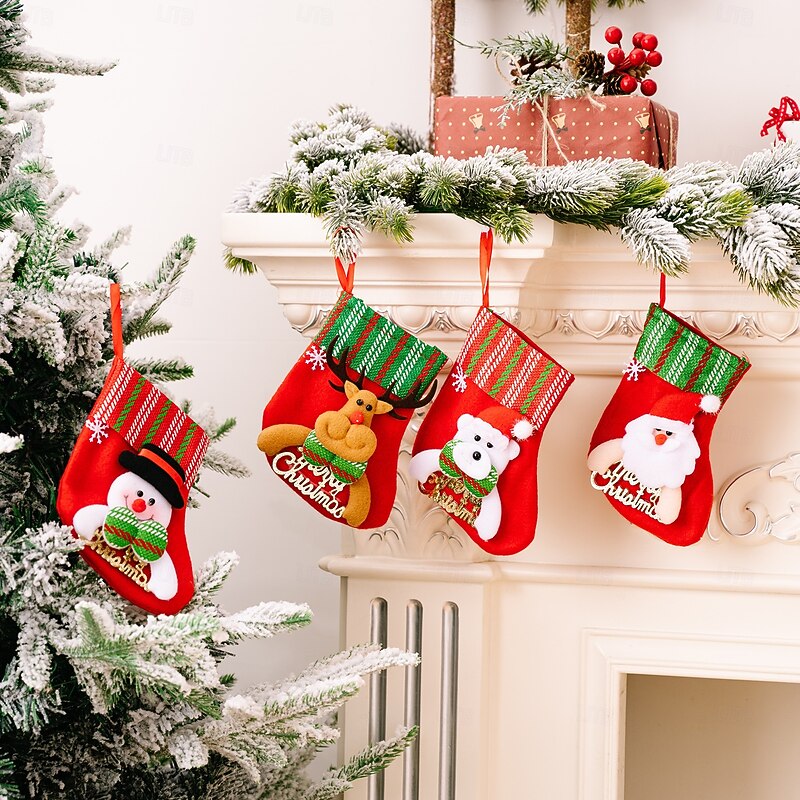 4Pcs Christmas Stockings, Cartoon Santa Claus Letter Socks, Kids Gift Candy Bags, Striped Christmas Tree Hanging Ornaments with Bells4