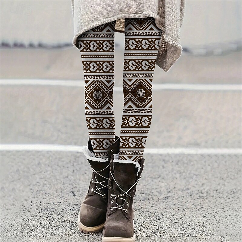 Women's Pants Trousers Leggings Cozy Leggings Casual Boho Full Length High Waist Geometry Elastic Waist Print Breathability Comfortable Stretchy Vacation Street Daily Wear Black Coffee Summer Spring2