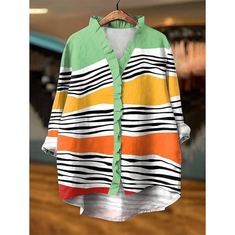 Women's Blouse Graphic Geometric Elegant Active Vintage Long Sleeve V Neck Daily Holiday Ruffle Red Royal Blue Blue Purple Green Summer Spring Fall