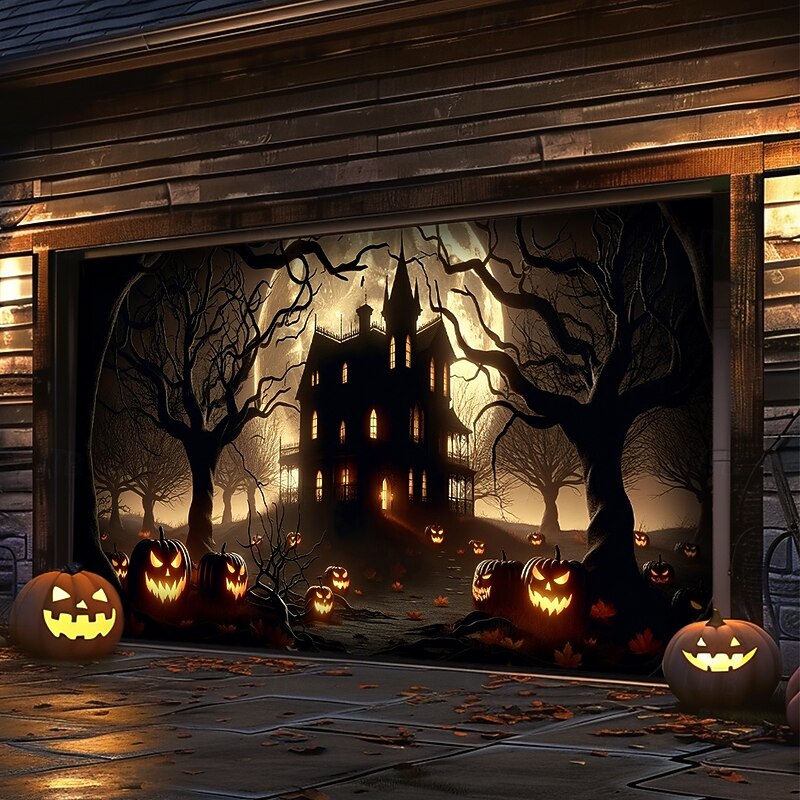 Halloween Tapestry Garage Door Cover Large Hanging Backdrop Pumpkin Castle Dark Punk Gothic Style Party Outdoor Shooting Backgrounds Front Door Home Decor3