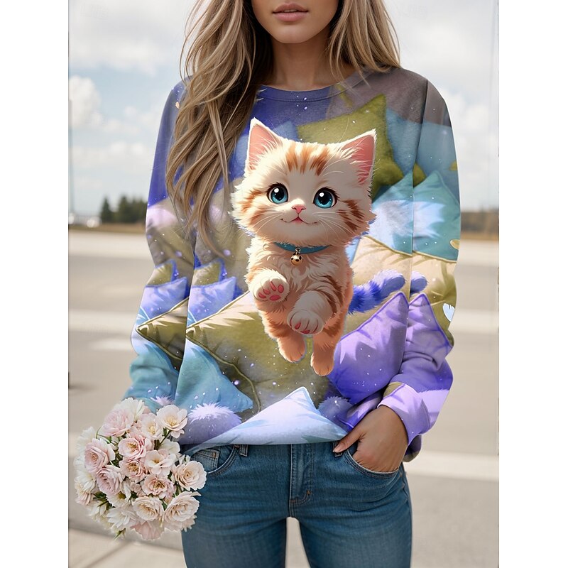 Women's Pullover Sweatshirt Graphic Animal Cat Casual Long Sleeve Crew Neck Regular Tops Street Casual Holiday Print Pink Blue Purple Green Spring Fall Winter3