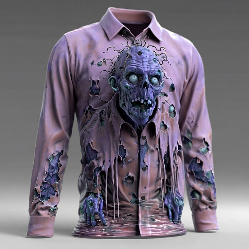 Halloween Men's Optical Illusion Zombies Horror Shirt Button Up Shirt Long Sleeve Dark Punk Gothic Style Outdoor Holiday Summer Spring Turndown 3D Print Collared Shirts Blue Purple Green2