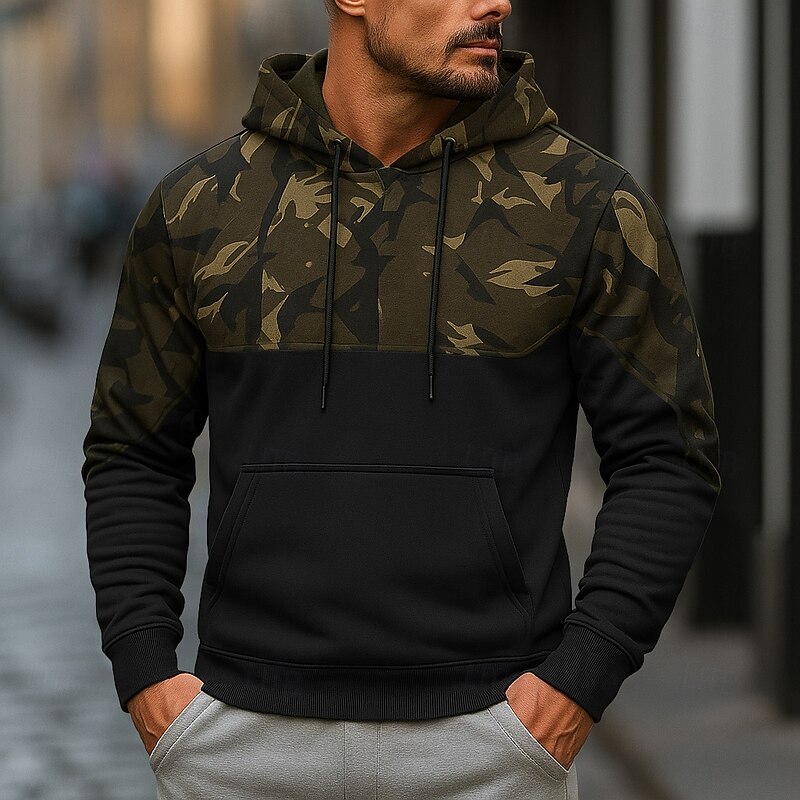 Men's Hoodie Pullover Hoodie Sweatshirt Fleece Hoodie Black Army Green Hooded Camouflage Patchwork Color Block Sports & Outdoor Casual Daily Streetwear Cool Sportswear Spring &  Fall Clothing Apparel2