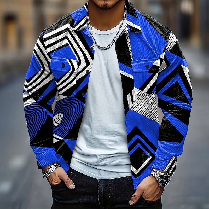 Men's Geometric Color Block Corduroy Shirt Shirt Jacket Overshirt Long Sleeve Casual Outdoor Dailywear Fall Winter Turndown Button-Down Warm Jacket with Flap Pockets Yellow Red Green Dark Blue3