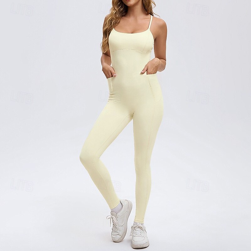Women's Workout Jumpsuit One Piece Romper Fall Cross Back Solid Color Bodysuit rice white Coffee Gym Pilates Yoga Tummy Control Sleeveless Sport Activewear Tight Fit4