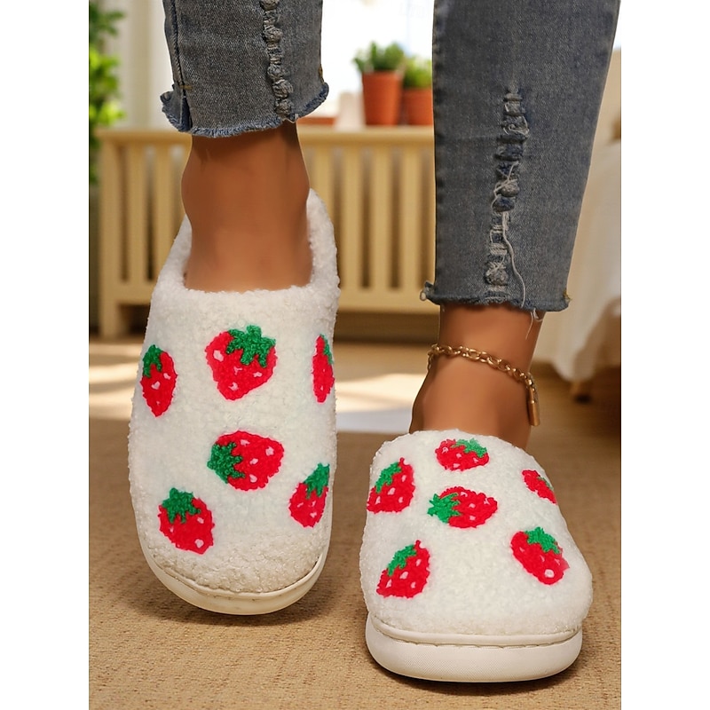 Women's Fleece Slippers with Cute Cherry Embroidery, Warm Indoor House Shoes for Christmas Winter Wear, Bedroom and Cozy Home Wear4