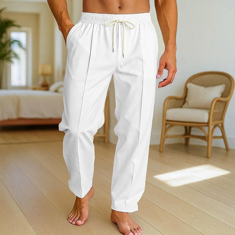 Men's Linen Pants Trousers Summer Pants Baggy Pants Beach Pants Drawstring Pocket Elastic Waist Plain Comfort Breathable Full Length Vacation Daily Holiday Vacation Hawaiian Black White Micro-elastic