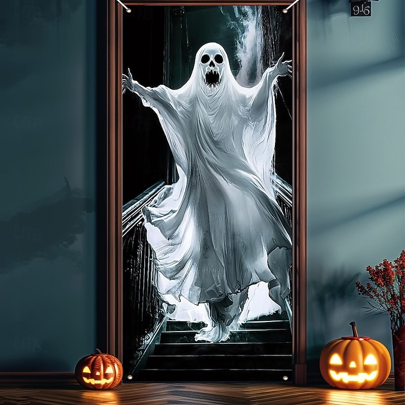 Halloween  Door Covers Scary Bloody Ghost Woman, 2025 Halloween Door Curtain Decoration Backdrop Door Banner for Front Door Farmhouse Holiday Party Indoor Outdoor Decor Supplies