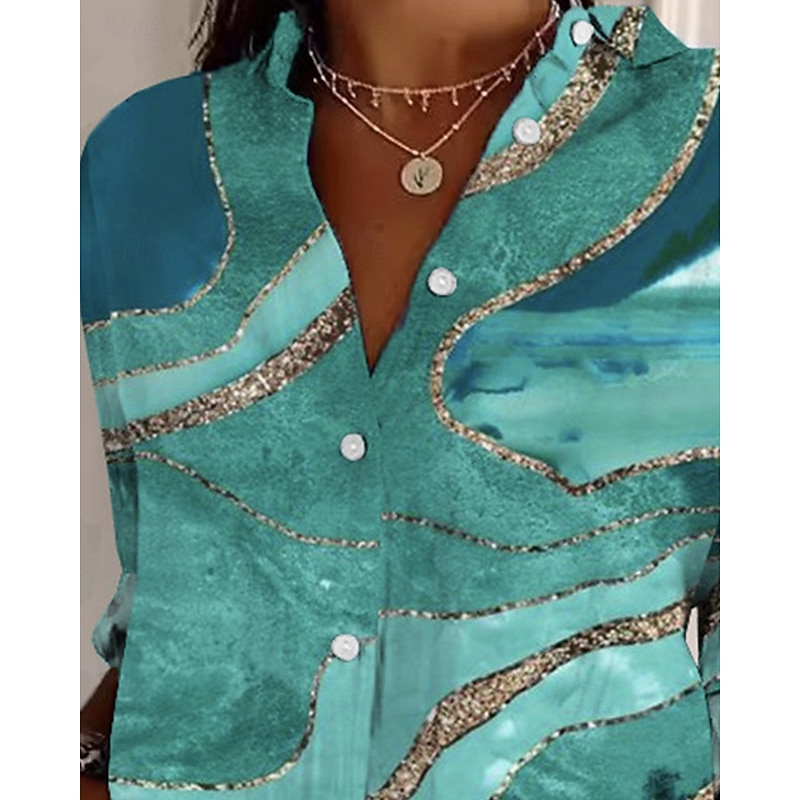Women's Shirt Graphic Active Daily Stylish Long Sleeve Shirt Collar Regular Tops Daily Holiday Buttons Print Green Spring Fall2