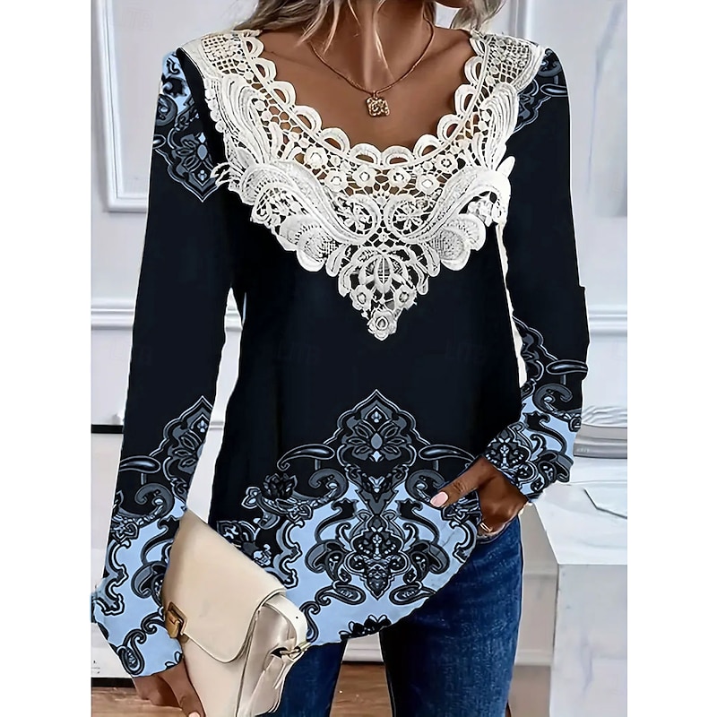 Women's T Shirt Graphic Plants Fashion Stylish Casual Long Sleeve Crew Neck V Neck Regular Tops Daily Lace Eyelet White Pink Blue Purple Green Spring Fall4