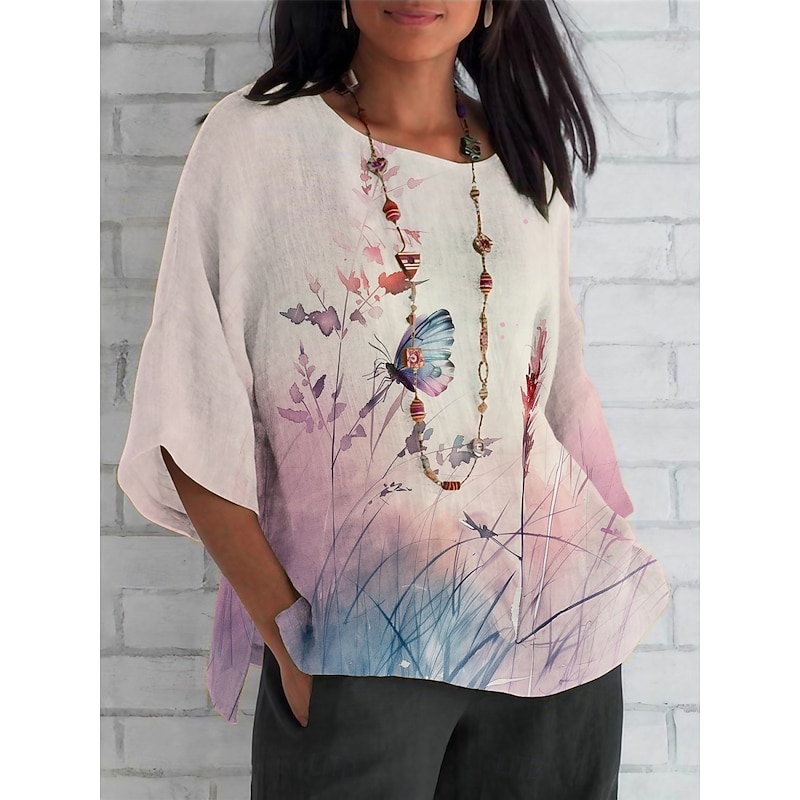 Women's Shirt Floral Daily Casual 3/4 Length Sleeve Crew Neck Regular Tops Daily Holiday Print White Pink Blue Khaki Summer Spring Fall4
