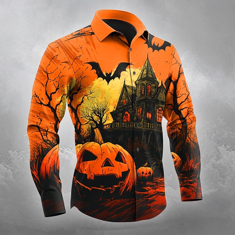 Halloween Men's Pumpkin Haunted House Jack-o'-lantern Shirt Button Up Shirt Long Sleeve Dark Gothic Style Outdoor Holiday Spring Fall Turndown 3D Print Collared Shirts Orange red Orange yellow Black