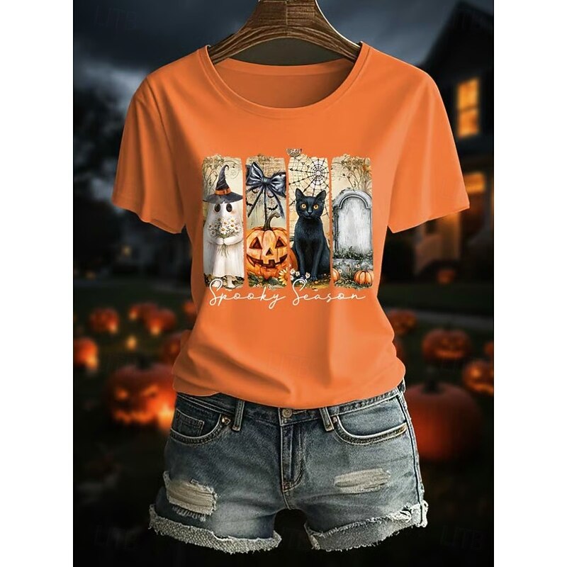 Halloween Women's T shirt Witch Graphic Skull Vintage Stylish Classic Short Sleeve Crew Neck Regular Tops Daily Weekend Print Black Orange Brown Green Khaki Spring, Fall, Winter, Summer3