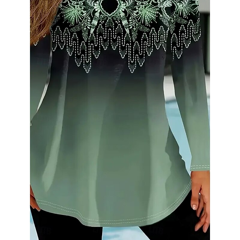 Women's T Shirt Floral Graphic Geometric Elegant Vintage Fashion Long Sleeve Crew Neck Round Neck Regular Tops Daily Weekend Print Sage Green Spring Fall Winter3