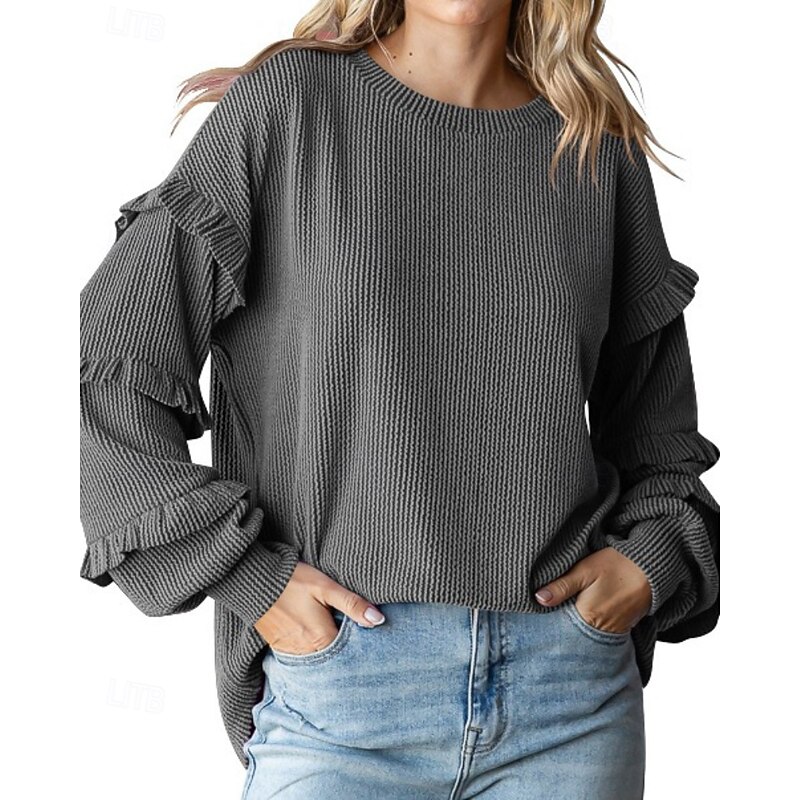Women's Blouse Striped Modern Casual Long Sleeve Lantern Sleeve Crew Neck Regular Tops Daily Holiday Ruched Black Fall4