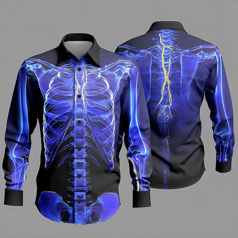 Halloween Men's Skeleton Halloween Costumes Shirt Button Up Shirt Long Sleeve Dark Punk Gothic Style Outdoor Holiday Summer Spring Turndown 3D Print Collared Shirts Black / Purple Purple