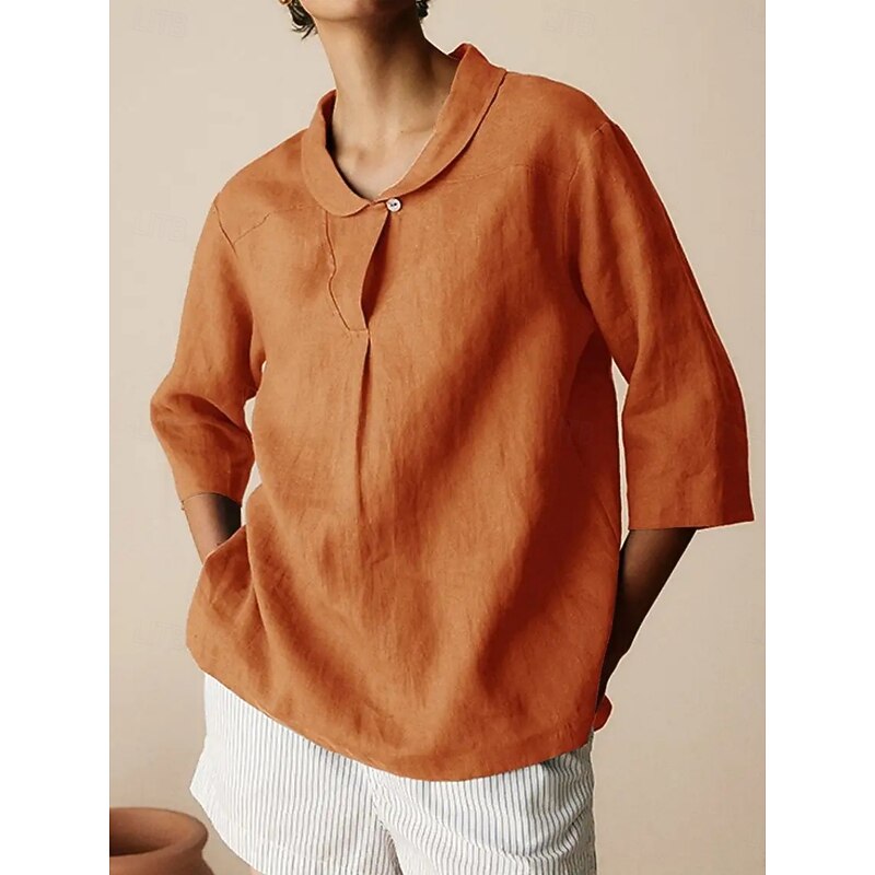 Women's Cotton Linen Shirts Plain Daily Modern 3/4 Length Sleeve Shirt Collar Regular Tops Daily Buttons Black Orange Brown Khaki Gray Summer Spring Fall2