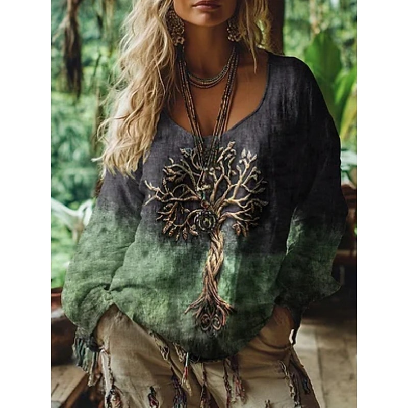 Women's Blouse Graphic Vintage Daily Casual Long Sleeve V Neck Regular Tops Tribal Tree Of Life Vintage Designer Vacation Street Going out Daily Holiday Print Yellow Purple Fuchsia Summer Spring Fall2