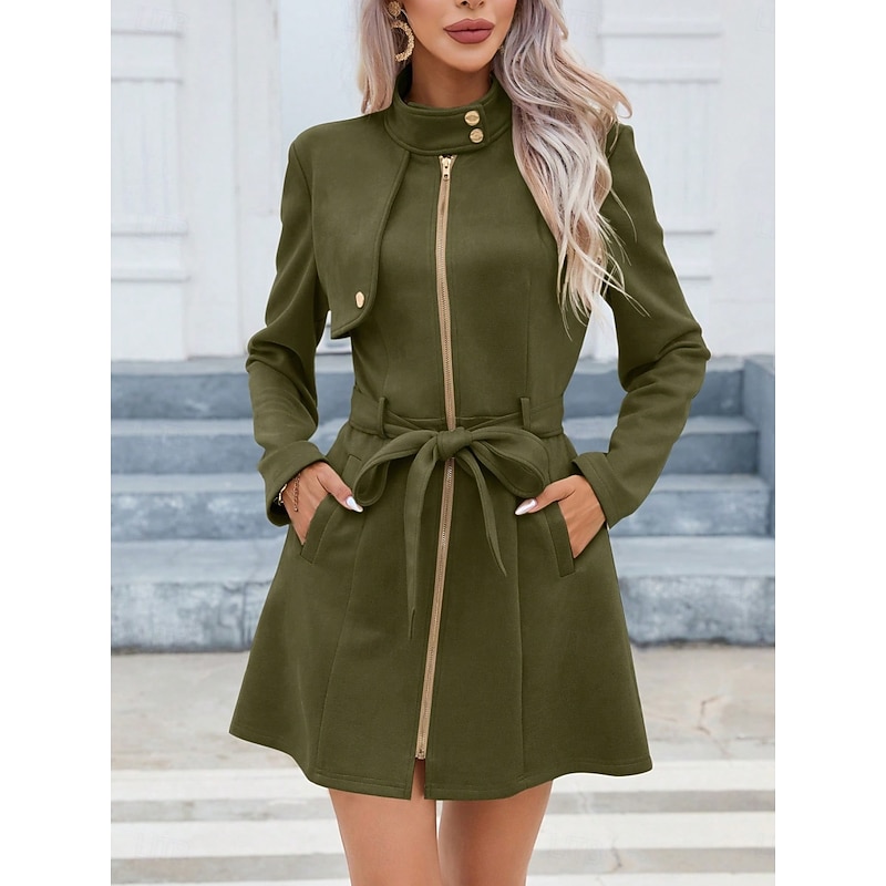 Women's Casual Jacket Warm Comfortable Lace up Zipper Pocket Casual Plain Vacation Street Casual Daily Wear Zipper Long Stand Collar Slim Long Sleeve Outerwear Black Pink Green Spring Fall