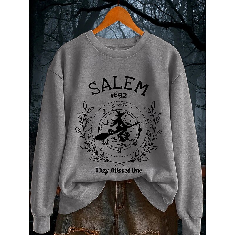Halloween Women's Pullover Sweatshirt Witch Graphic Letter Fashion Casual Long Sleeve Crew Neck Regular Tops Street Dailywear Casual Print Black Orange Light Grey Fall Winter3