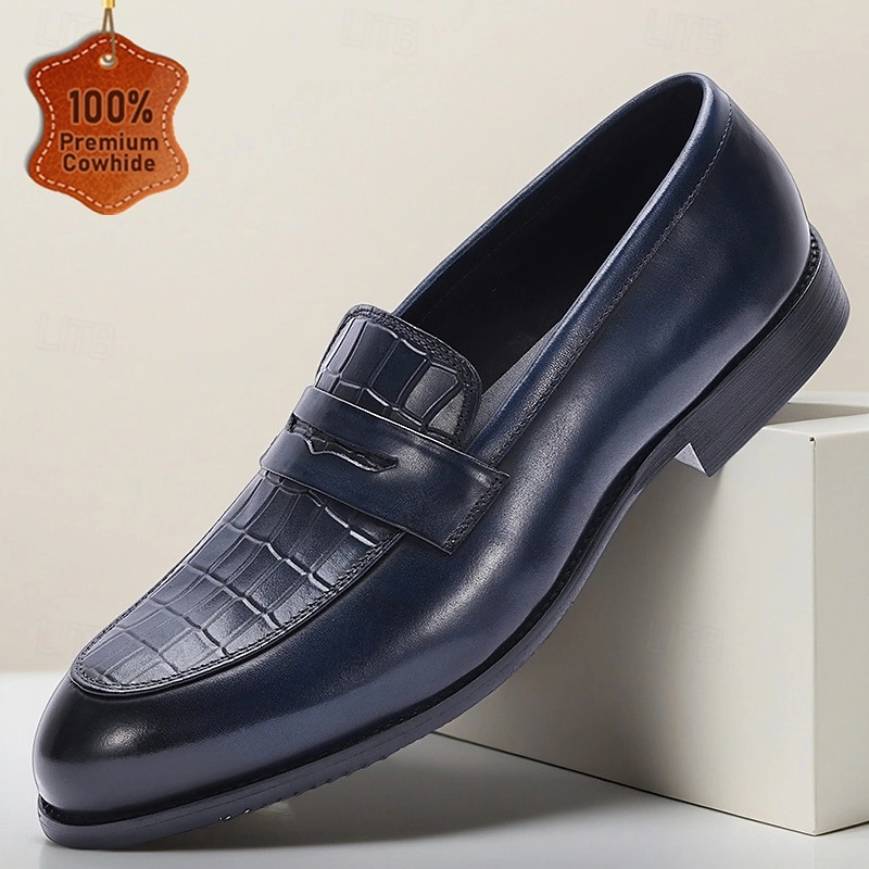 Men's Navy Blue Crocodile Print Penny Loafers – Elegant Leather Slip-On Shoes for Work, Travel and Business Casual Wear
