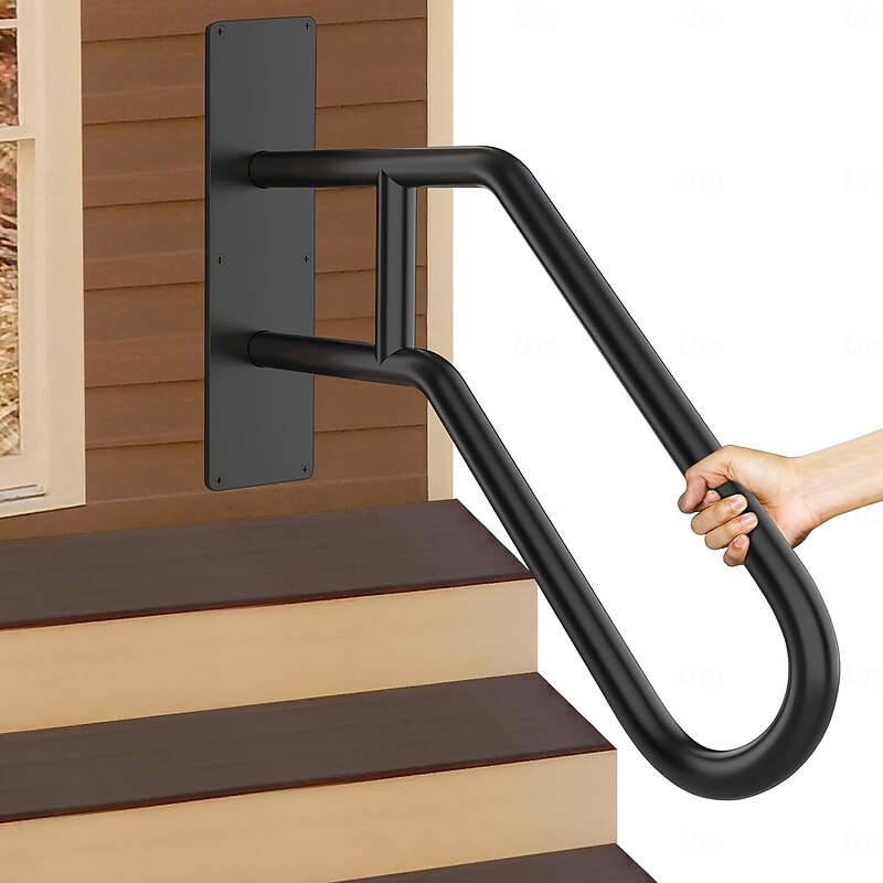 Matte Black Modern U-shaped 1pc Metal Handrail For Outdoor Steps, Wall-Mounted Safety Staircase Grab Rail, Modern Entryway Railing, With Plate Thickness And Installation Hardware2