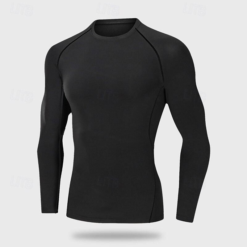 Men's Compression Shirt Workout Tops Long Sleeve Top Athleisure Solid Colored Quick Dry Breathable Basketball Running Yoga Sportswear Activewear black+dark grey Black Rough Black4