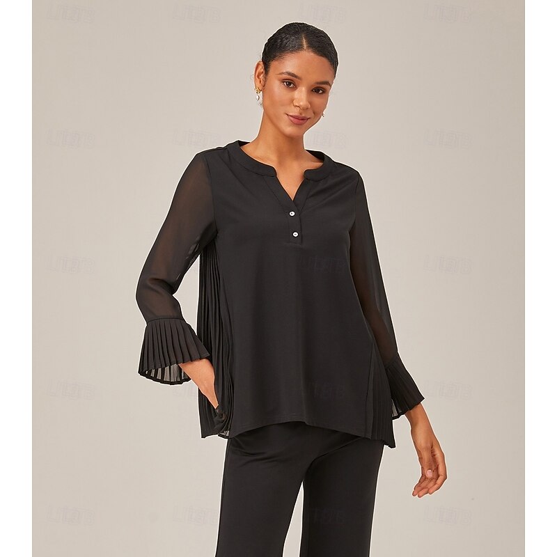 Women's Contrast Design Pleated TENCEL Roma Top Curved Hem Stylish Comfortable Breathable Elegant Daily Work Casual Versatile Fall4