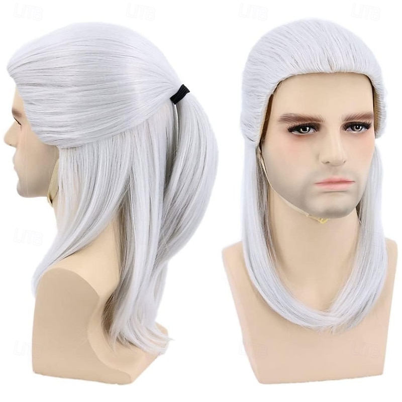 Long Silver Grey Wig for Man Geralt of Rivia Wig Inspired by Halloween Cosplay Costume Wigs