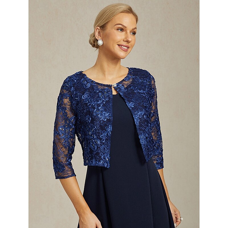 Women's Jacket Blazer Lace Embroidered Sequin Illusion Lace Elegant Floral Formal Anniversary Party Wedding Guest Open Front Short Crewneck Regular Fit 3/4 Length Sleeve Outerwear Navy