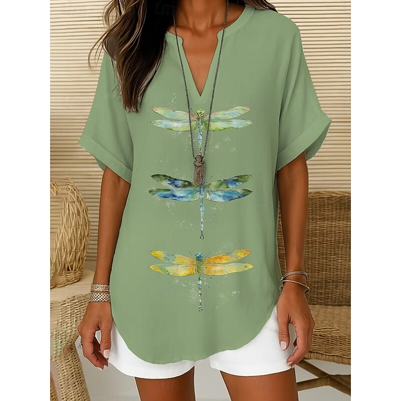 Women's Boho Shirt Graphic Animal Dragonfly Bohemia Vintage Daily Sleeveless Short Sleeve V Neck Regular Tops Daily Holiday Semi Formal White Light Green Royal Blue Blue Purple Summer Spring4
