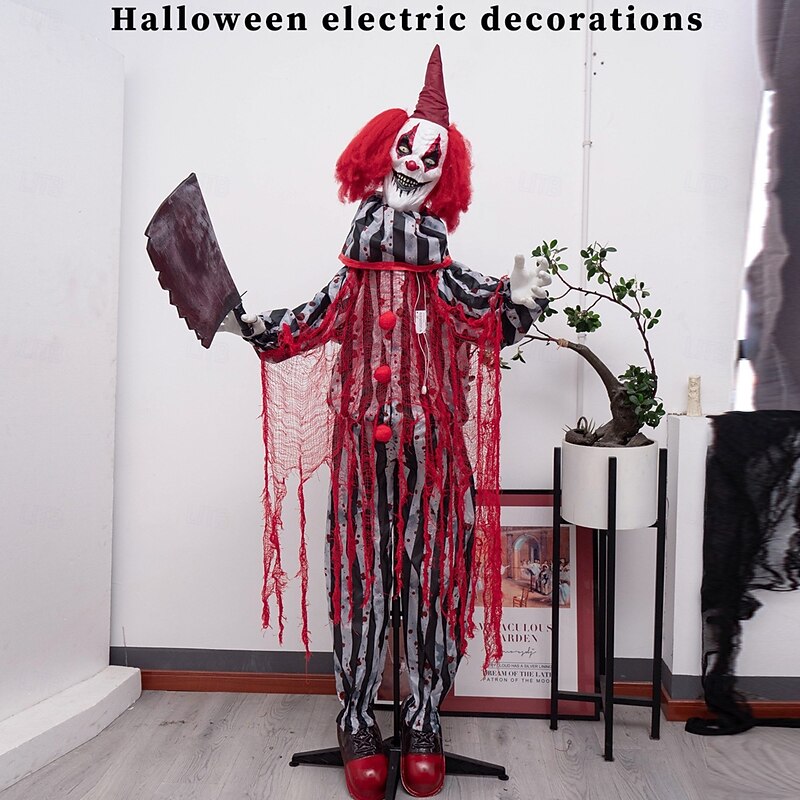 Halloween Clown Figurine Holding A Butcher's Knife, Haunted House Secret Room Electric Sensor Light-Up Decorative Prop