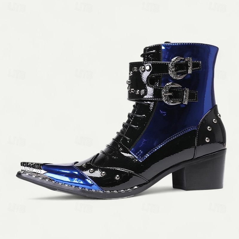 Men's Blue Patent Leather Gothic Ankle Boots with Buckle Straps – Punk Rock Stage Performance & Nightlife Party Shoes4
