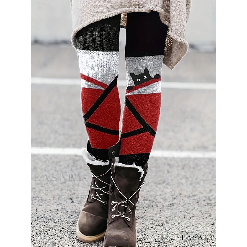 Women's Pants Trousers Leggings Cozy Leggings Streetwear Casual Full Length High Waist Geometric Cat Elastic Waist Print Breathability Comfortable Stretchy Vacation Street Daily Wear Red Purple Khaki - Main Image