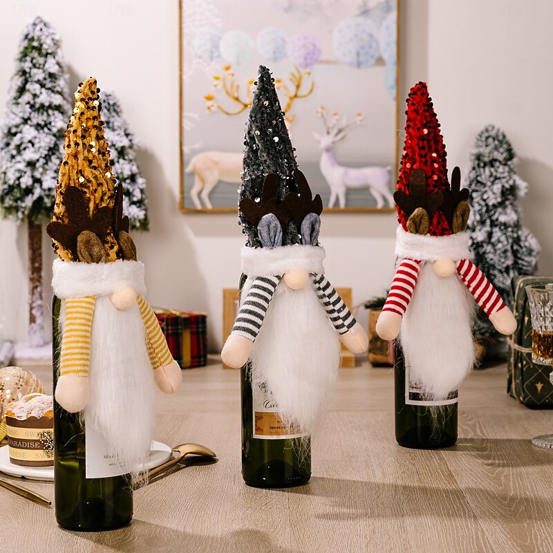 3pcs Christmas Gnome Wine Bottle Covers, Sequin Red Yellow Black Hats, Reindeer Antler Wine Sleeves, Festive Holiday Table Decoration, Christmas Party Supplies4