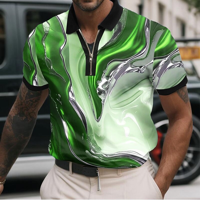 Men's Marble Zip Polo Shirts Short Sleeve Polo Shirts Collared Shirts Casual Athleisure Daily Wear 3D Print Summer Red Blue Green2
