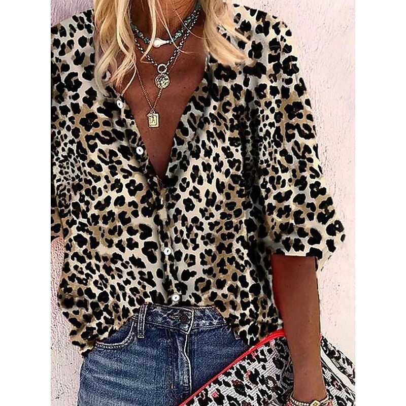 Women's Bohemia Vintage V Neck 3/4 Length Sleeve Floral Graphic Leopard Daily Regular Tops Daily Holiday Beach Wear Print Black Spring Fall Spring, Fall, Winter, Summer2