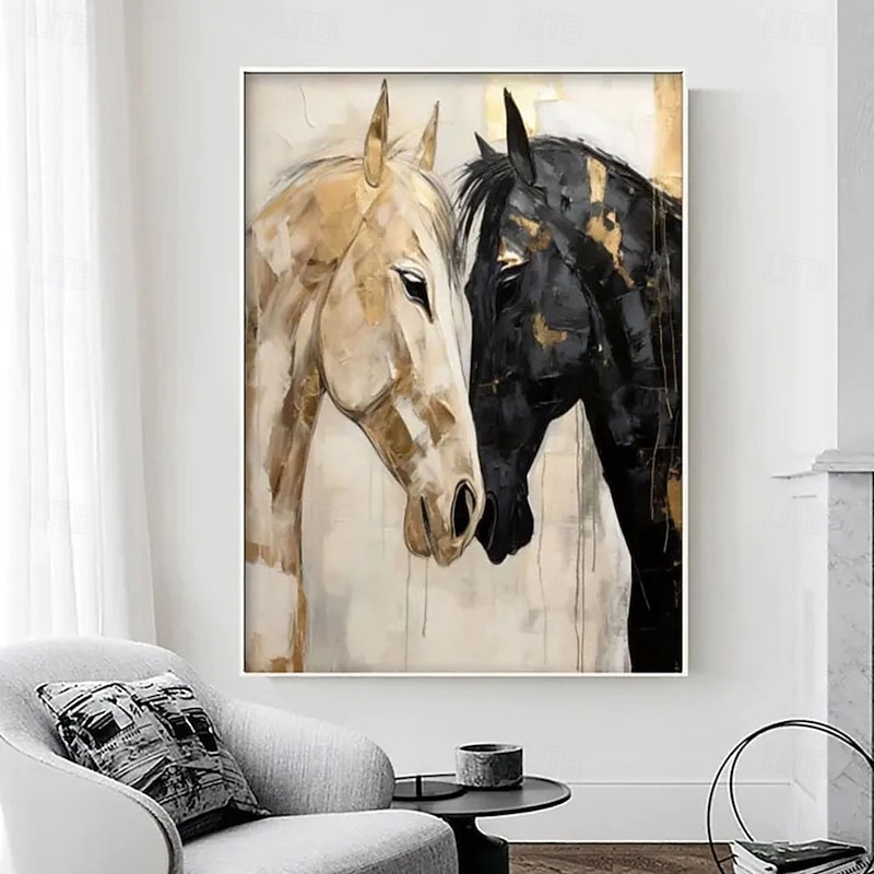 Handmade 3D Oil Painting Two Horses Portrait with Vibrant Gold Black Cream Tones Detailed Brushstrokes Layered Texture Rich Artistic Expression Modern Home Decor2