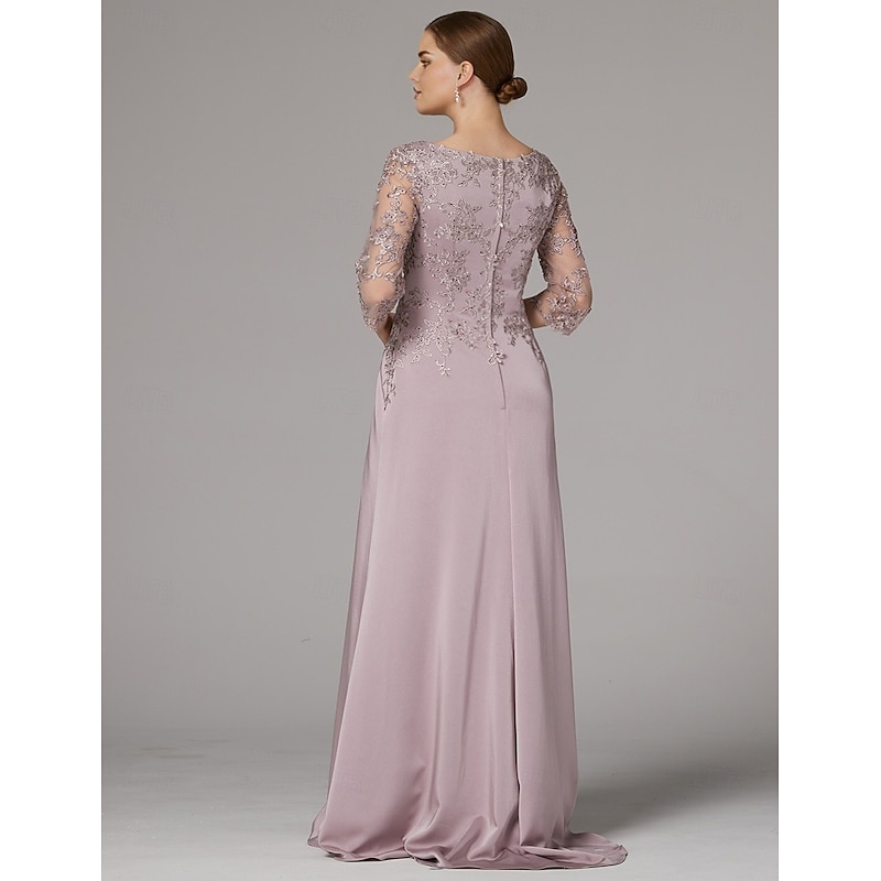 Sheath Dress Beach Wedding Mother of the Bride Dress Elegant Bateau Neck Floor Length Satin 3/4 Length Sleeve with Lace Appliques4