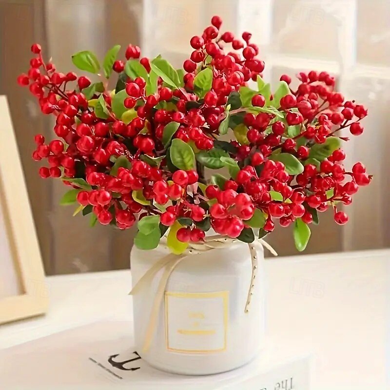 10pcs Christmas Red Berry Stems with Colorful Artificial Berries – Realistic California Blueberries and Red Berries for Spring Home Decor, Romantic Wedding Centerpieces, and Elegant Table Accents