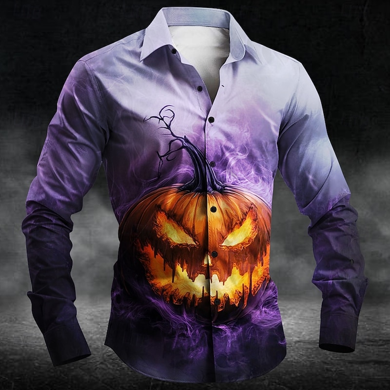 Halloween Men's Pumpkin Halloween Costumes Jack-o'-lantern Shirt Button Up Shirt Long Sleeve Dark Punk Gothic Style Outdoor Holiday Summer Spring Turndown 3D Print Collared Shirts Light Purple