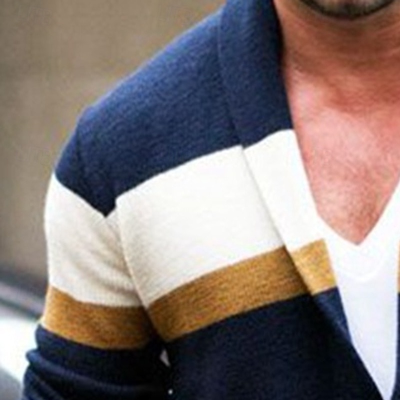 Men's Sweater Cardigan Sweater Ribbed Knit Regular Tops Color Block Knitted Plain Shawl Collar Vacation Fashion Casual Daily Wear Clothing Apparel Spring &  Fall Navy Blue M L XL2