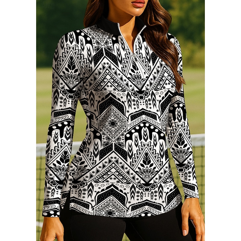 Women's Geometric Reactive Print Boho Tops Golf Polo Shirt Tennis Shirt Long Sleeve Print Quarter Zip Pullover UV Protection Elastic Breathable Tennis Golf Pickleball Zip Collar Shirt Polo Black White