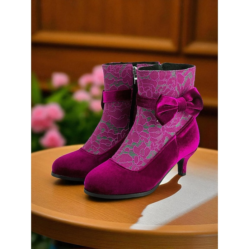 Women's Blue Velvet Ankle Boots with Bow - 1900s Edwardian Vintage Lace Booties for Victorian-Themed Parties,Retro Events,or Elegant Daily Outfits2