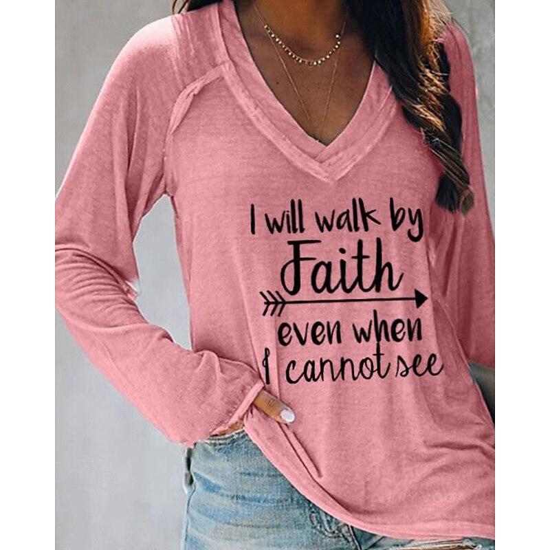 Women's T Shirt Letter Casual Long Sleeve V Neck Regular Tops Daily Weekend Print Black White Pink Orange Gray Fall3