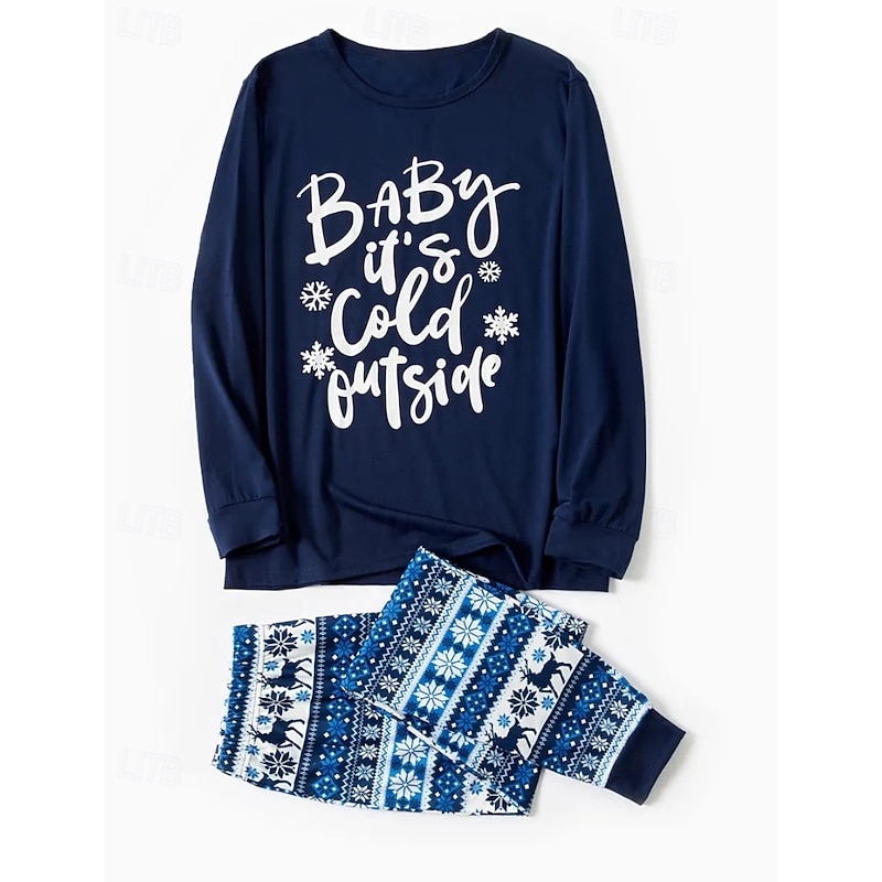 Family Pajamas Letter Christmas Pattern Home Print Dark Blue Long Sleeve Active Matching Outfits2