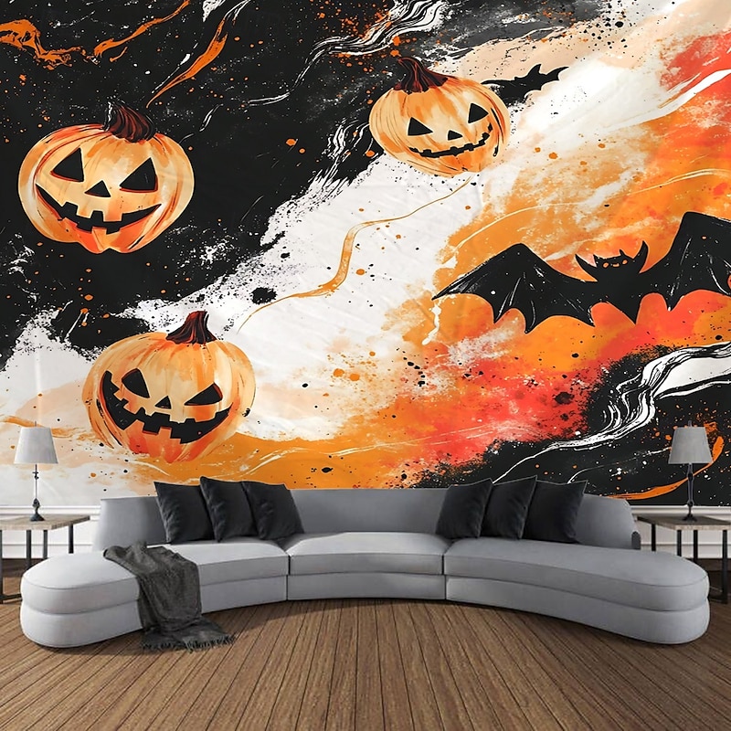 Halloween Tapestry Photo Backdrop, Crow and Pumpkin Pattern Wall Hanging, Decorative Large Mural for Bedroom, Living Room, Party, and Home Decoration
